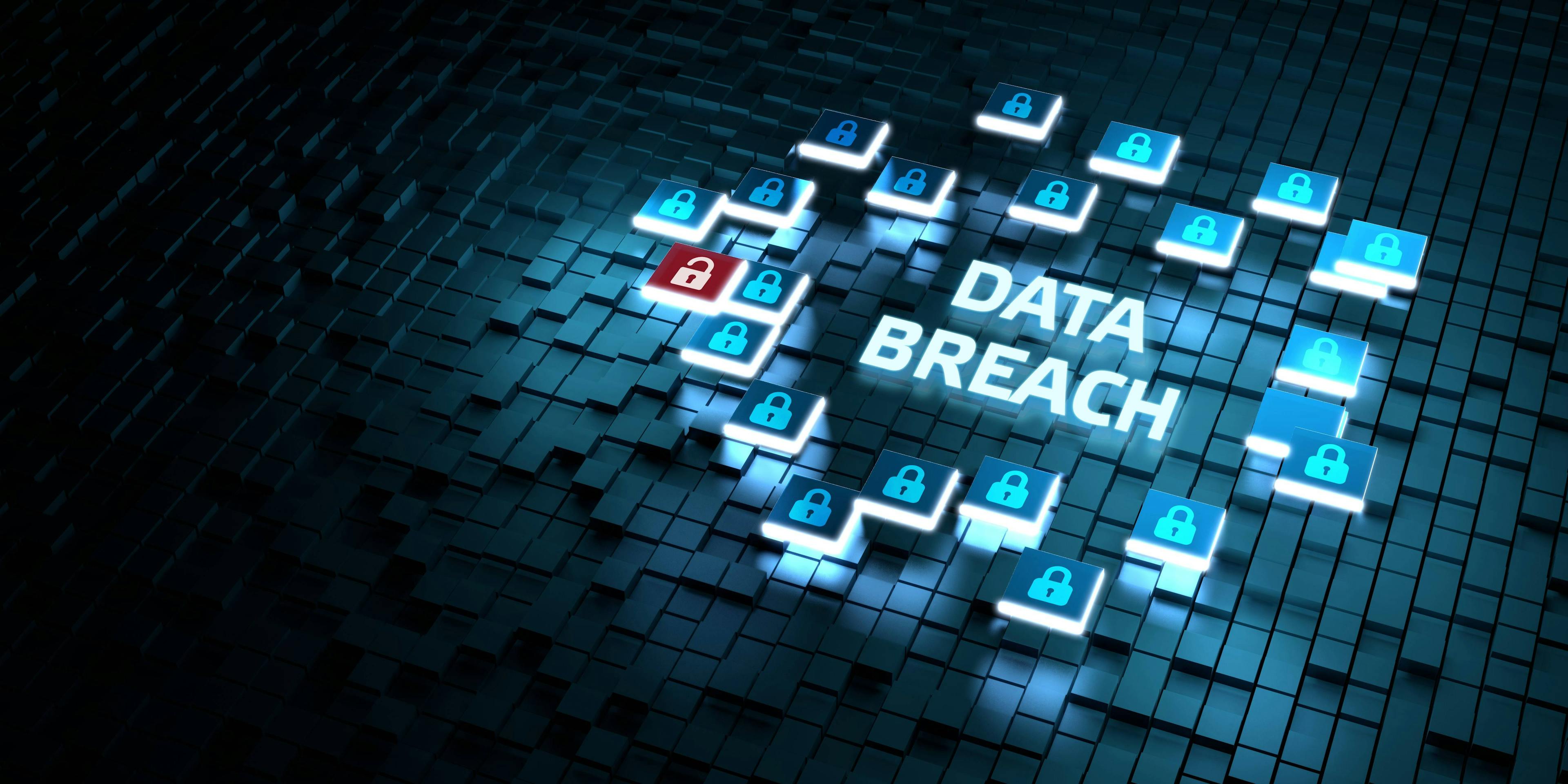 “Data Breach” spelled out over digital blocks surrounded by digital padlocks