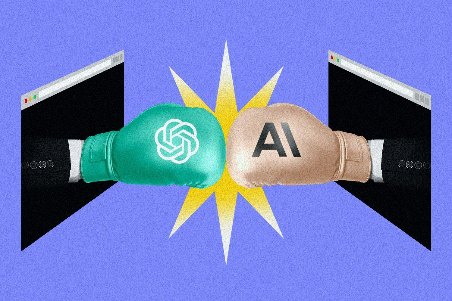 Illustration of boxing gloves featuring the Anthropic and ChatGPT logos.