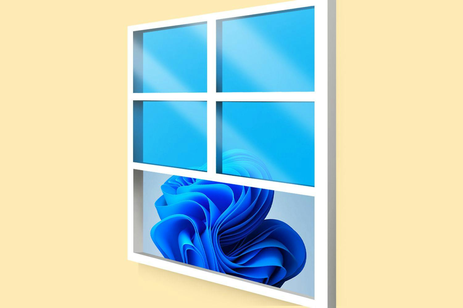 An illustration of a white window with blue paned glass in front of a yellow background. The top four panes are made to look like Microsoft's slanted, rectangular Windows logo, and peeping out through the open part of the window is a swirly blue background.